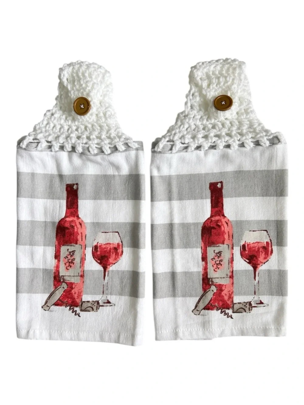 Hand Crafted Gray and White Striped Hanging Hand Towels with Red Wine Design